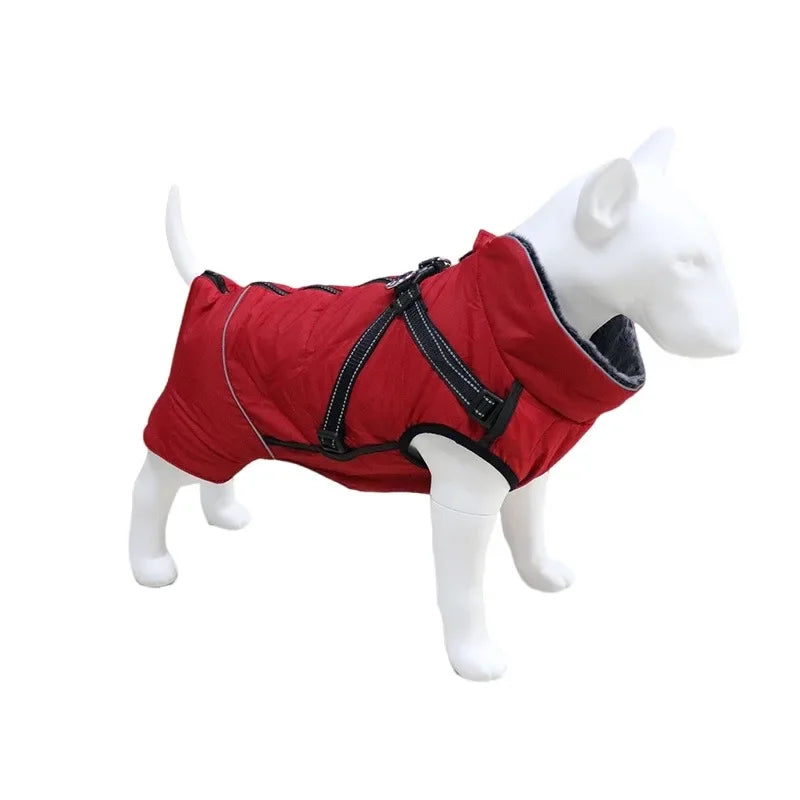 Waterproof Dog Clothes with Harness for Medium Large Dog Winter Warm Fur Collar Pet Dog Jacket Reflective French Bulldog Costume